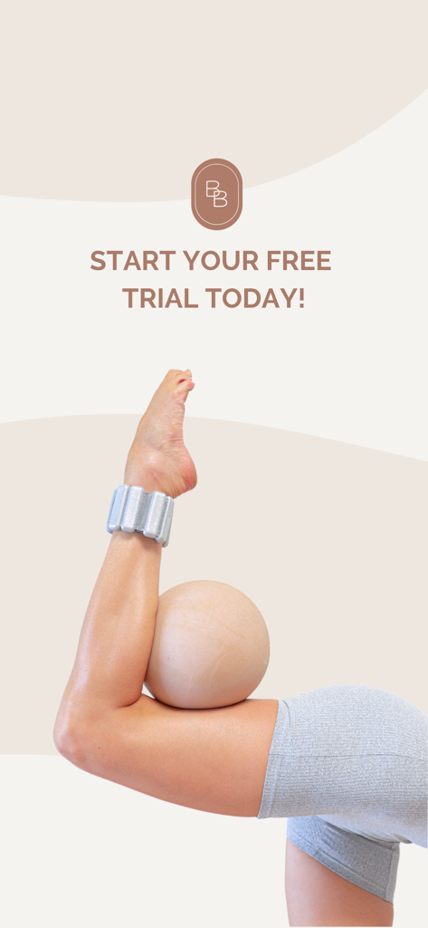 Barre | Britsbarre Studio - Barre workout pose with ankle weight and pilates ball for Britsbarre Studio free trial