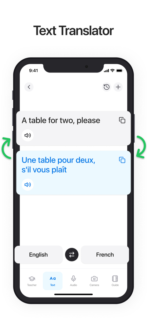 Translate AI: Voice Translator - Mobile app interface showing English to French text translation for a restaurant request