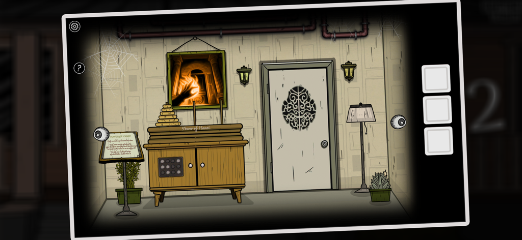 A Diary Of Darkness - A dark puzzle room with a wooden cabinet and a mysterious door