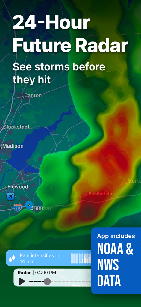 SKAI app screenshot showing 24-hour future weather radar map and storm tracking with NOAA data
