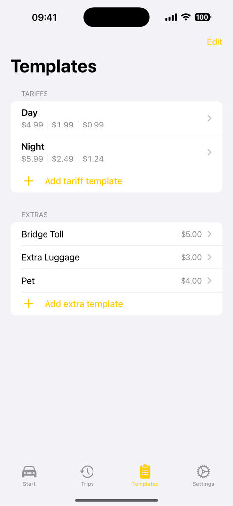 Taxi Meter app interface showing templates for day and night tariffs and additional charges like tolls and luggage