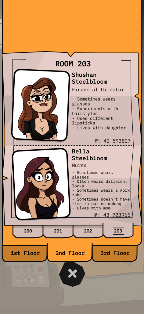 Una pantalla de juego que muestra perfiles de personajes para Shushan y Bella Steelbloom en la Habitación 203.