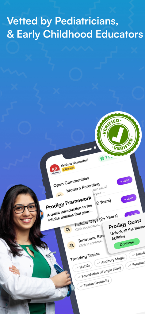 Prodigy Baby - Parenting App - A professional pediatrician standing next to a smartphone showing the Prodigy Baby app interface with a verified seal.