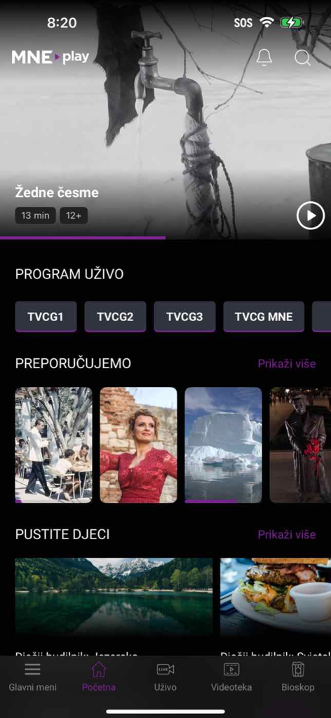 MNE Play - MNE Play mobile app home screen displaying live TV channels and video recommendations in Montenegrin