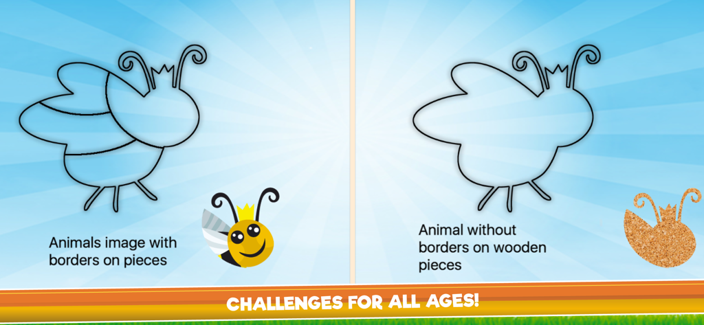 A bee jigsaw puzzle game screen showing different difficulty levels for toddlers and preschoolers.