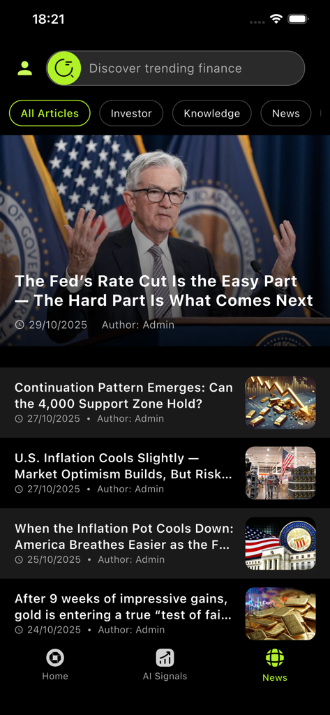 Ebila AI: Trading Signal - Financial news feed in the Ebila AI Trading Signal app featuring articles on market trends and economic updates