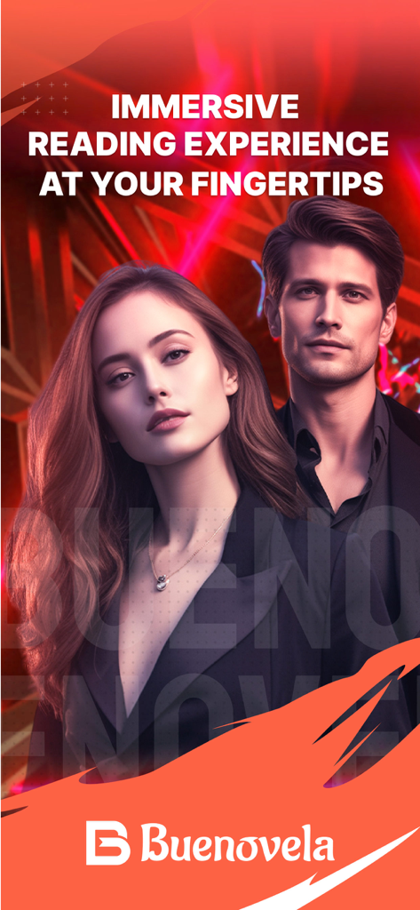 A romantic couple on a promotional screen for BueNovela reading app with the text immersive reading experience at your fingertips
