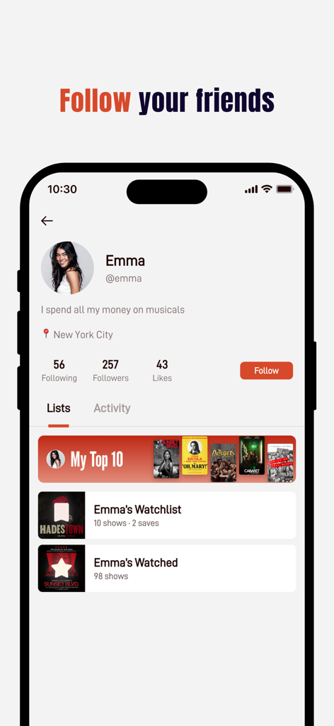 Theatr - Buy/Sell Last-Min Tix - Theatrアプリのユーザープロフィールの画面。ショーリストと、友人をフォローするなどのコミュニティソーシャル機能が表示されています。