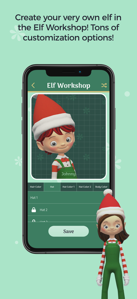Interface de l'atelier d'elfes dans l'application Elf Studio montrant les options de personnalisation de personnage pour un elfe de Noël numérique