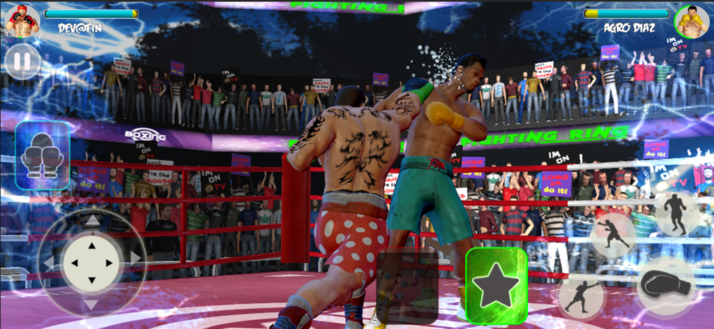 Un combate de boxeo en Glove Clash con dos luchadores en un ring con una gran multitud