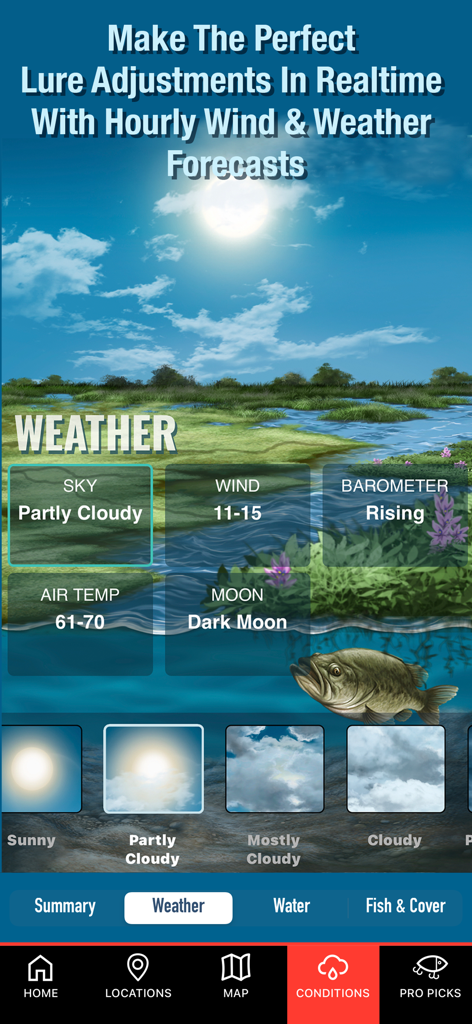 BassForce: Bass Fishing Guide - BassForce app weather screen displaying wind and barometric pressure for fishing