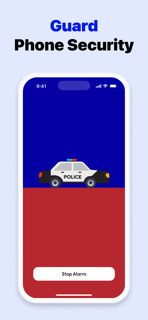 Phone security feature showing an anti theft alarm screen with a police car icon