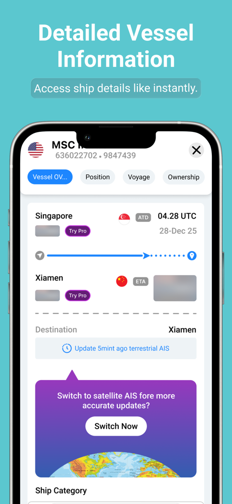 Marine Radar: Ship Tracking - Captura de pantalla de la aplicación Radar Marino mostrando información detallada de la embarcación y estado del viaje.