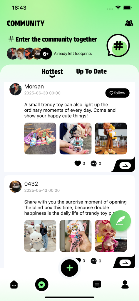 Community feed in the Mizy app showing user posts about trendy toys and blind boxes.