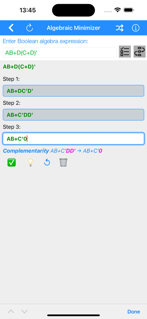 Minimizador Algebraico mostrando la simplificación booleana paso a paso