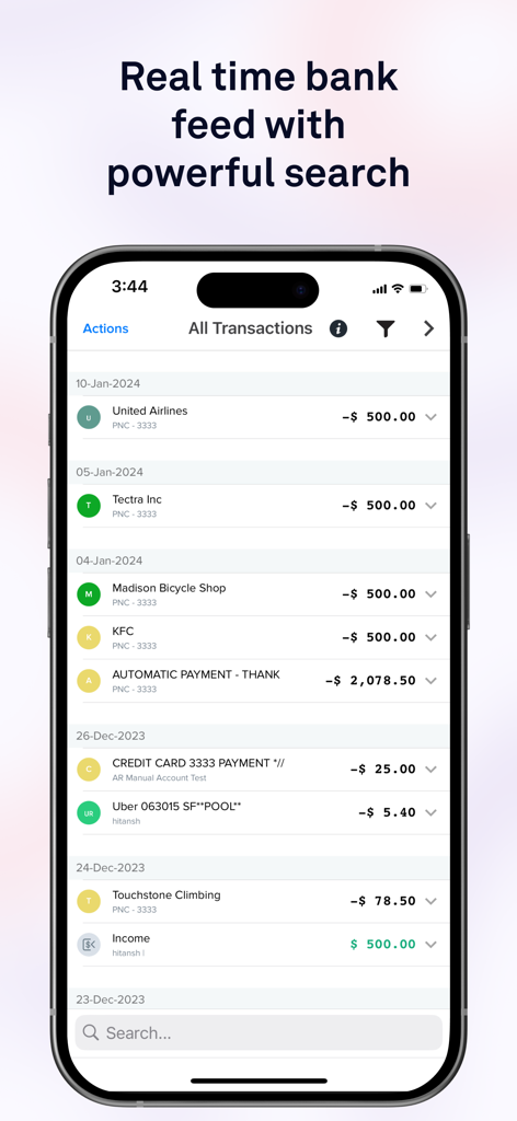 Docyt: Real-Time Bookkeeping - Interfaz de la aplicación móvil de Docyt que muestra la alimentación bancaria en tiempo real y la búsqueda de transacciones.