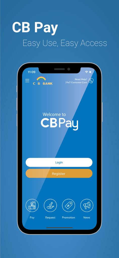 CB Pay - Landing page of the CB Pay mobile banking application showing login and register buttons