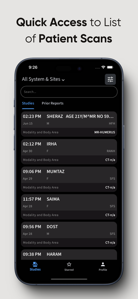 List of patient medical scans and studies in the RadioView.AI mobile app
