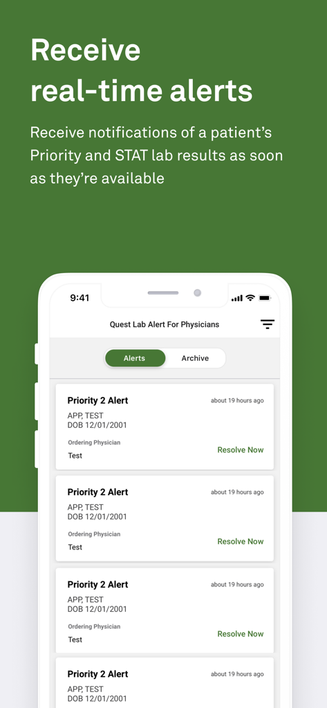 Quest Lab Alert for Physicians app interface showing real-time priority lab result notifications and resolve now options