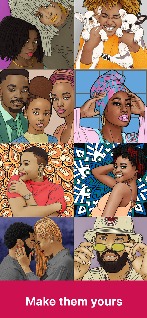 A grid of colorful illustrations featuring diverse Black people from the Color Noir app.