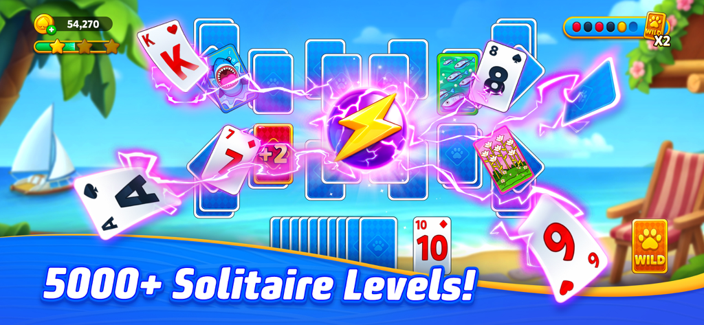 Gameplay of Solitaire TriPeaks Journey featuring a lightning booster and beach background