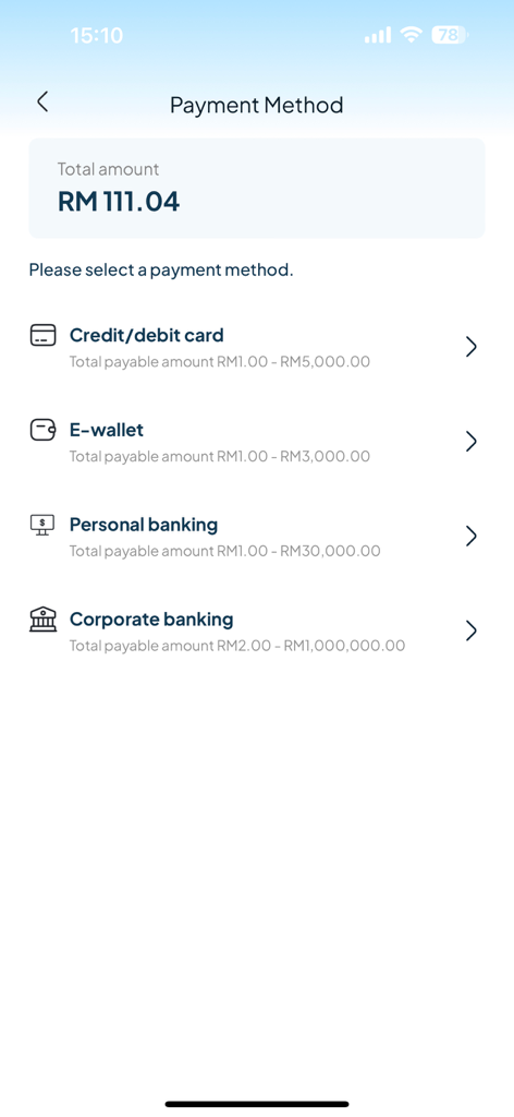 SEB cares - A screen in the SEB cares app showing options to select a payment method for an electricity bill including credit card, e-wallet, and banking.