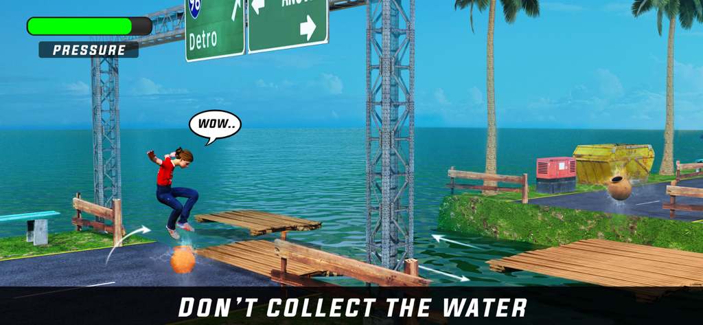 Toilet Rush 3D:Run To Bathroom - トイレラッシュ3Dで、トイレのプレッシャーを高めるのを避けるために、水の障害物を飛び越えるキャラクター。