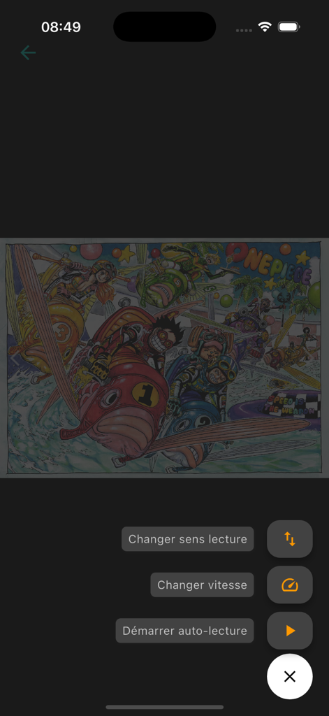 Manga No Rakuen - Interfaz del lector de manga con ajustes de lectura automática y de dirección.