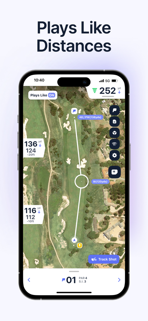 Hole19: Golf GPS Range Finder - iPhone-Screenshot der Hole19-App, der die Funktion 'Plays Like Distances' mit einer Satellitenansicht eines Golfplatzes und angepassten Entfernungen zeigt