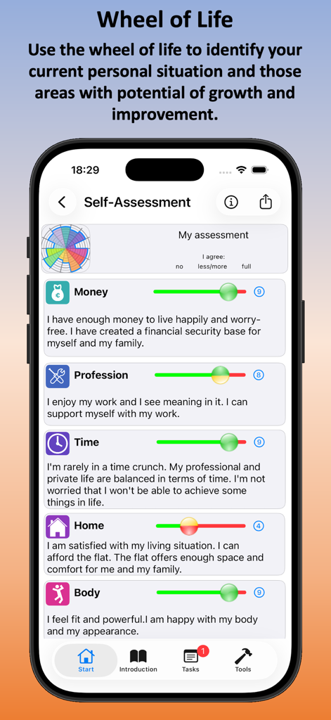 Life-Improver - Selfcoaching - ライフホイール図とさまざまなライフカテゴリのスライダーを備えたLife-Improverアプリの自己評価ツールを示すスマートフォンの画面。
