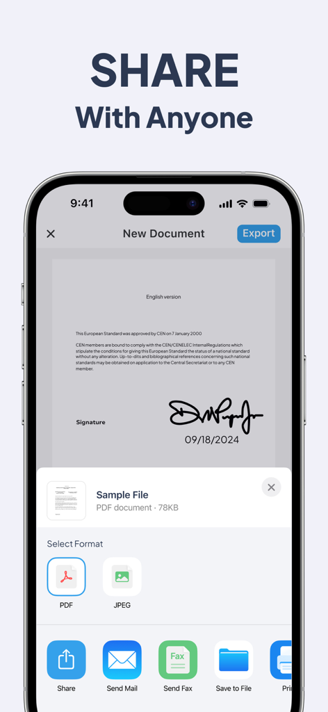 Schermata dell'app mobile che mostra le opzioni di esportazione e condivisione per un documento PDF firmato