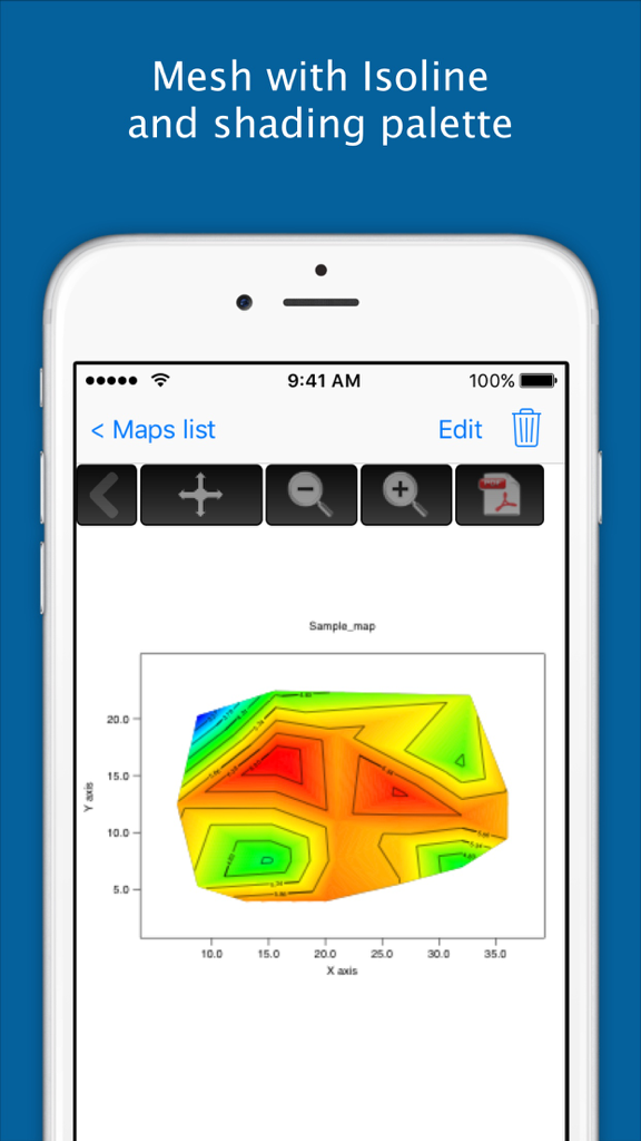 Thermal Analisys - Contour Map - Smartphone screen displaying a colorful thermal contour map with isolines and color shading.