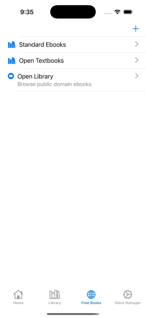 Libri Audiobooks - Pantalla en la aplicación Libri Audiolibros listando fuentes de libros electrónicos gratuitos como Standard Ebooks y Open Library para obras de dominio público.