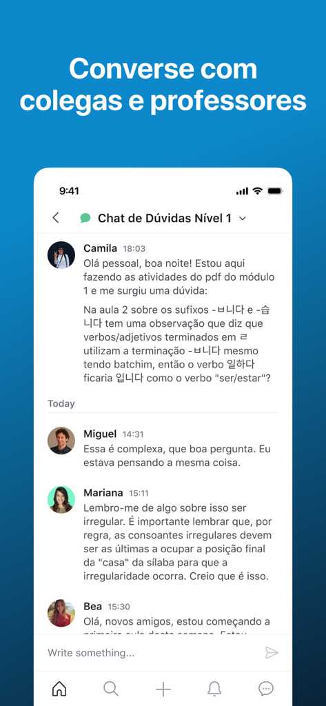 Coreano Online - Captura de tela do aplicativo Coreano Online mostrando uma interface de bate-papo onde alunos e professores discutem aulas de língua coreana