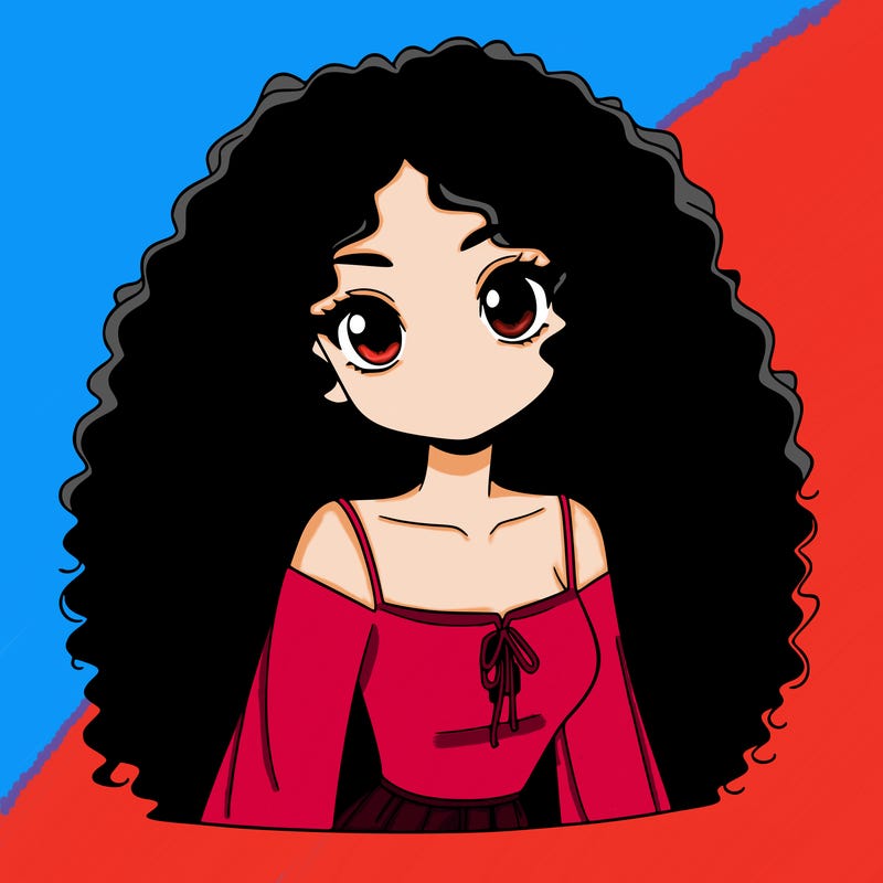 a black anime girl with long afro hair