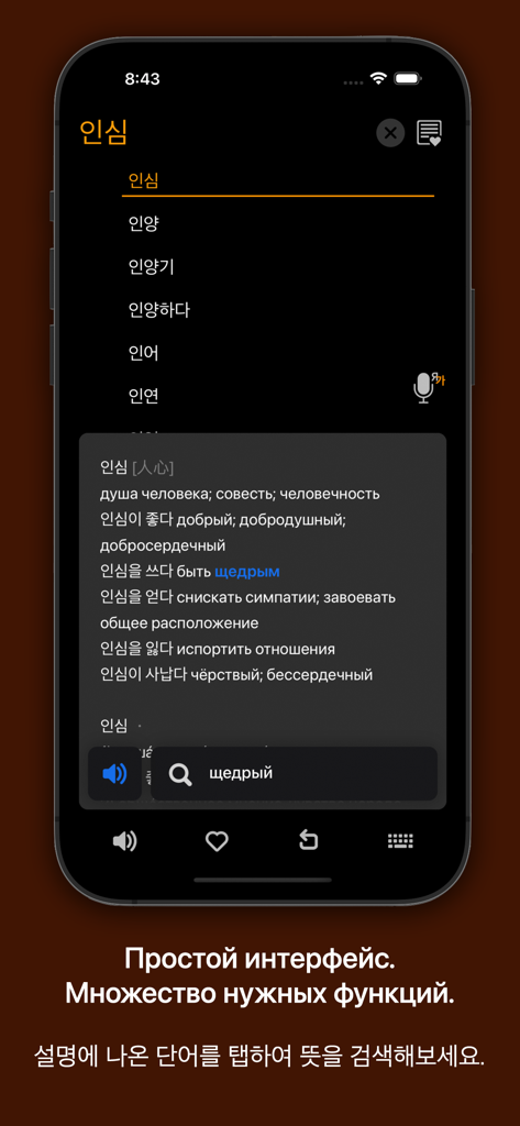 Interfaz de la aplicación KoRusDic Pro que muestra definiciones de palabras de coreano a ruso en modo oscuro.