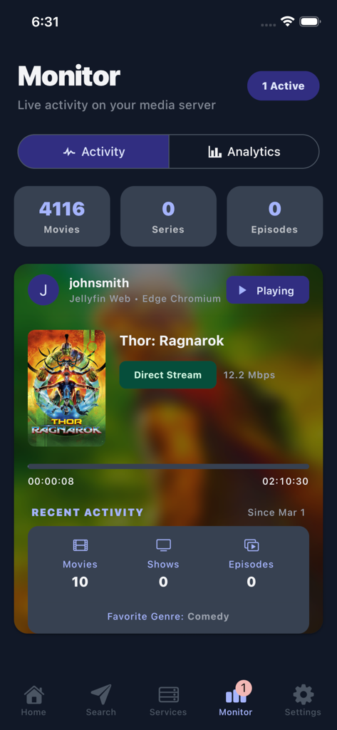 ServerrSeerr - Tableau de bord de surveillance de l'application mobile ServerrSeerr affichant l'activité du serveur multimédia en direct et les statistiques de lecture