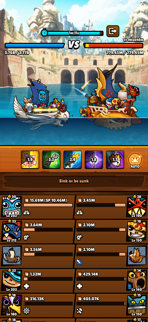 Bounty Bash - A sea battle between two customized pirate ships in Bounty Bash showing hero stats and skill icons
