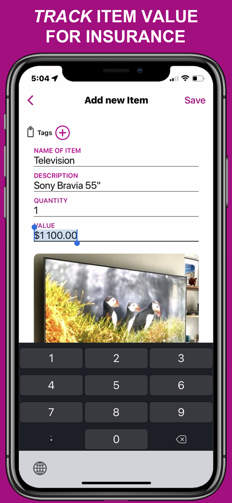 Everspruce app screen showing how to track item value for insurance purposes