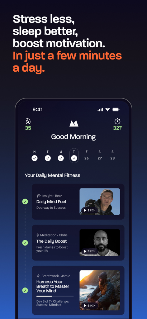 Mettle: Mental Fitness for Men - Mettle App Dashboard zeigt tägliche mentale Fitness-Routinen für Männer, einschließlich Meditation und Atemübungen