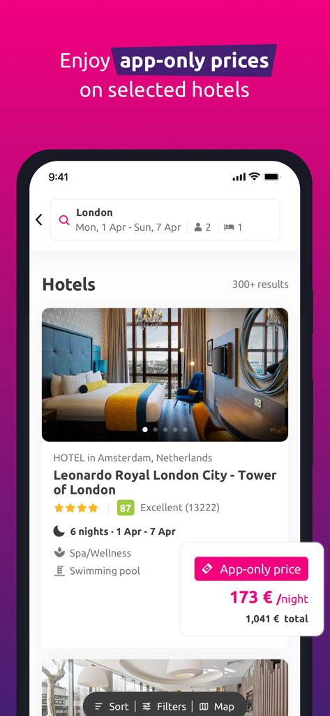 Una pantalla de móvil mostrando la app lastminute.com con precios exclusivos solo para la app para un hotel en Londres.