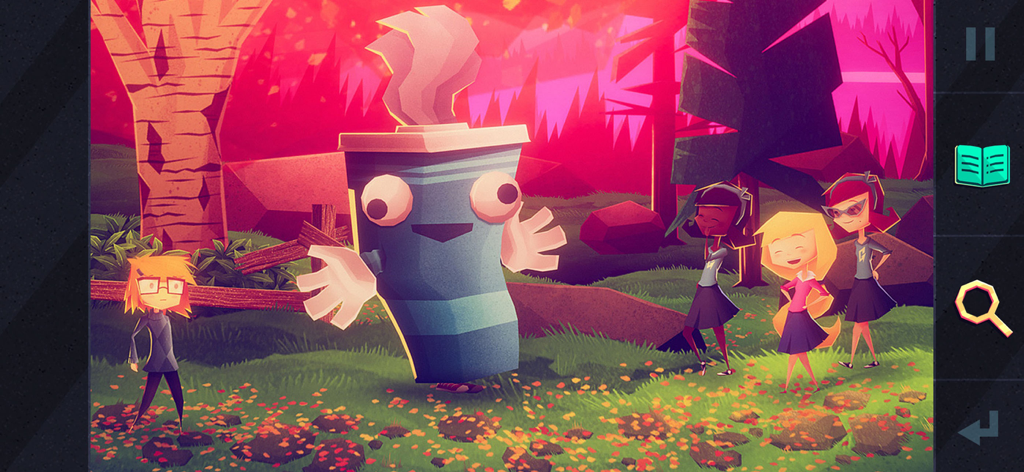 Jenny LeClue e outros personagens encontram um mascote gigante de chávena de café num bosque desenhado à mão.
