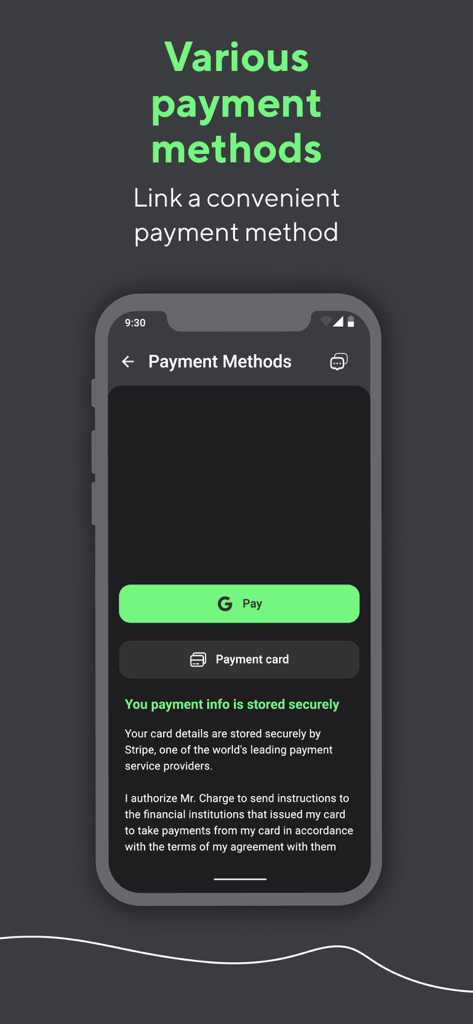 Mr. Charge - Mr. Charge mobile app screen displaying payment options like Google Pay and bank cards for renting power banks