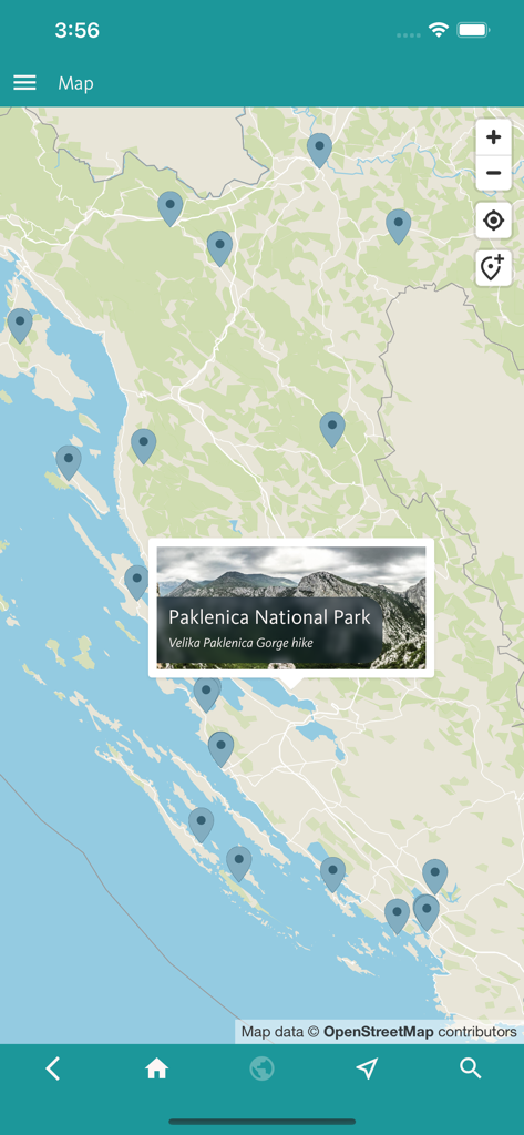 Croatia’s Best: Travel Guide - 위치 핀과 강조 표시된 박leniica 국립공원 하이킹 가이드가 있는 크로아티아 최고의 여행 앱의 지도 보기.