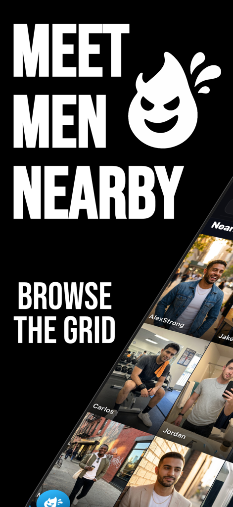 Splashd: Gay Dating & Cruising - Interfaccia dell'app Splashd che mostra una griglia di profili maschili con il testo Incontra uomini nelle vicinanze e Sfoglia la griglia.