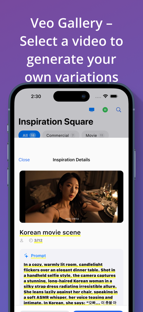 AI video generation inspiration gallery with a movie scene prompt and preview