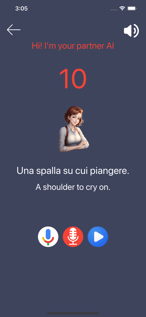 Learn Italian Phrases Premium - Interactive Italian phrase learning screen with AI partner and voice recording controls