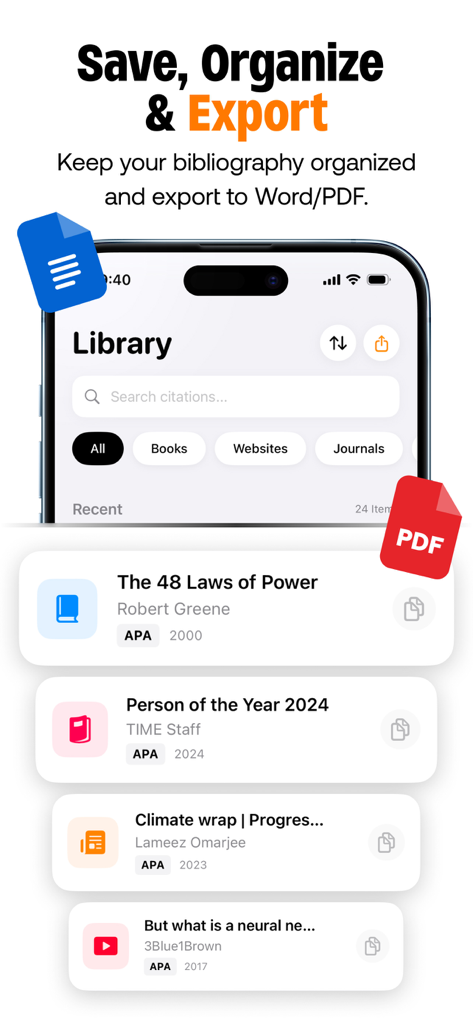 A mobile interface of CiteAI app showing an organized bibliography library with different citation types and export options