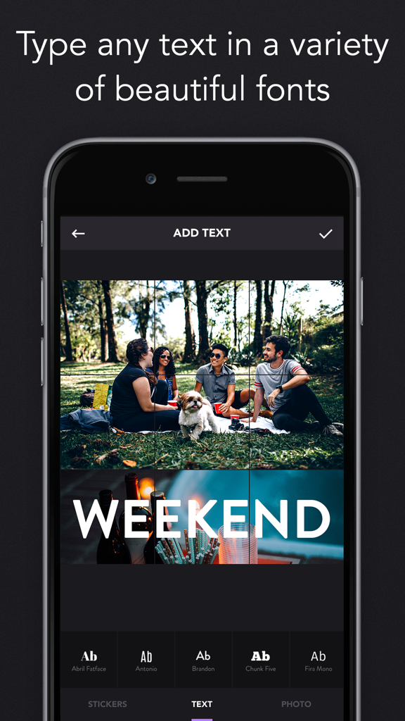 Grids – Giant Square Layout - Mobile app interface for adding custom text and fonts to a giant square photo grid layout