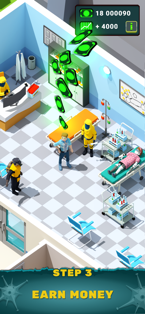 Ein Gameplay-Screenshot, der medizinisches Personal in Schutzanzügen zeigt, das einen Patienten in einem Krankenhausflur mit fliegenden Geld-Icons behandelt, die den Gewinn anzeigen.